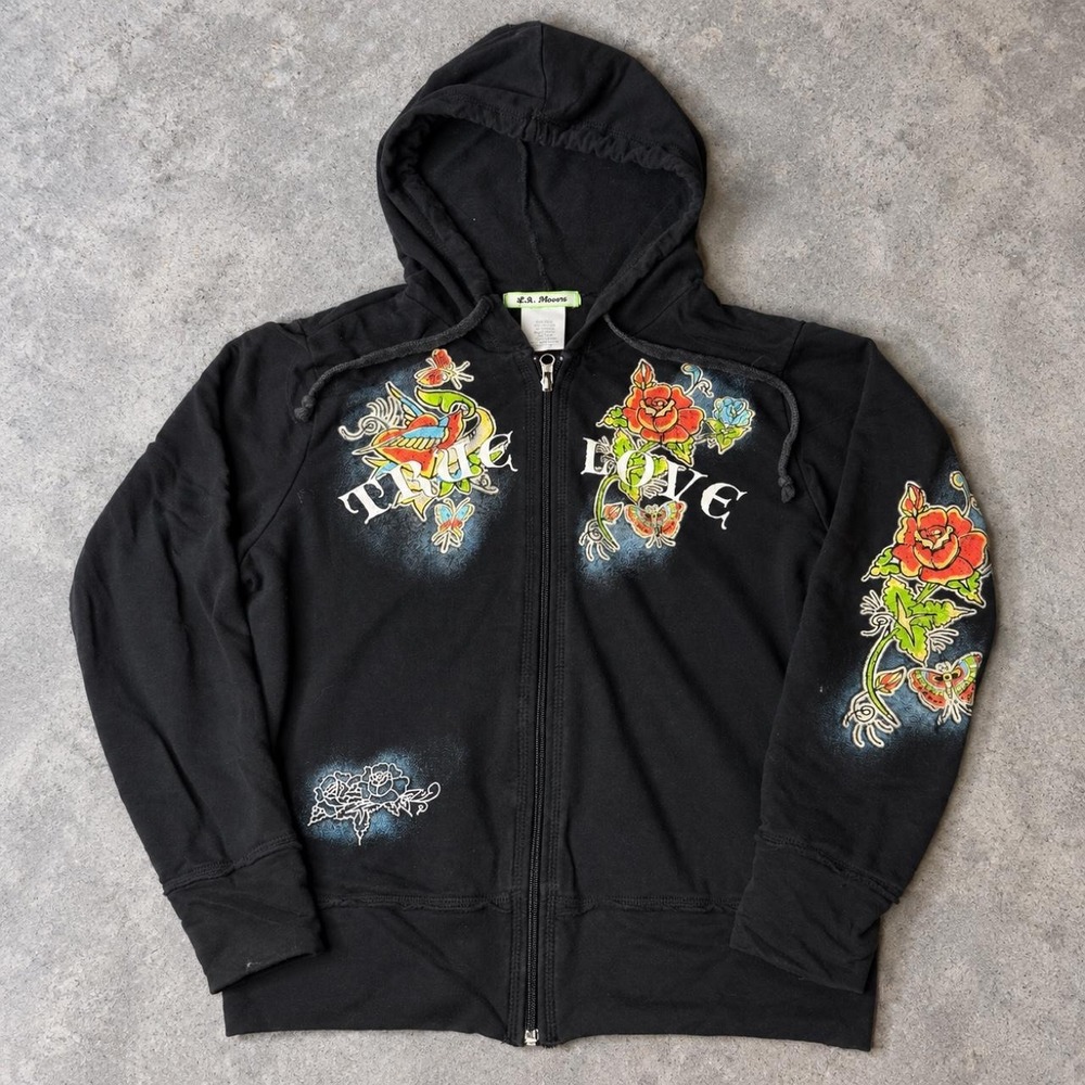 Y2K L.A. Movers True Love Tattoo Graphic Zip Up Hoodie Medium